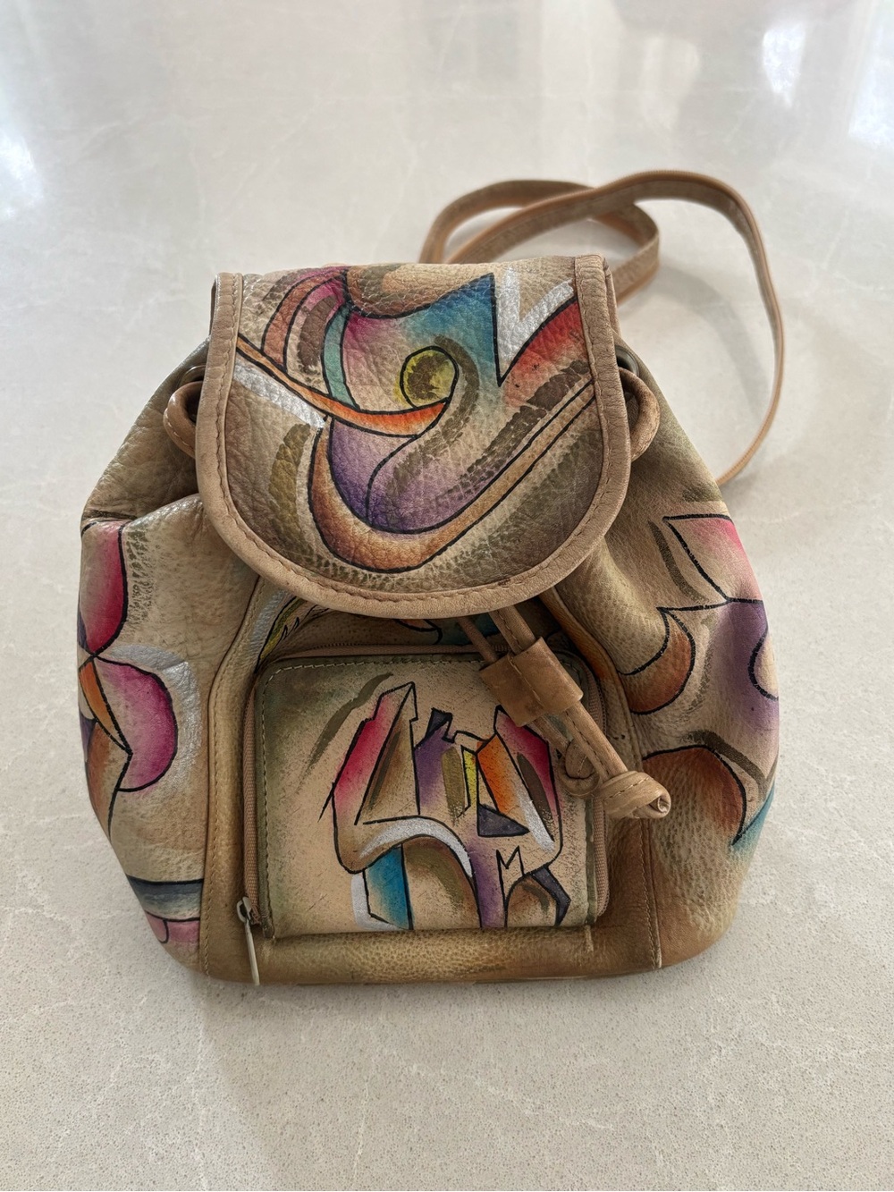Sam Sam Vintage Leather Hand Painted Mini Backpack Abstract Wearable Art 80s 90s